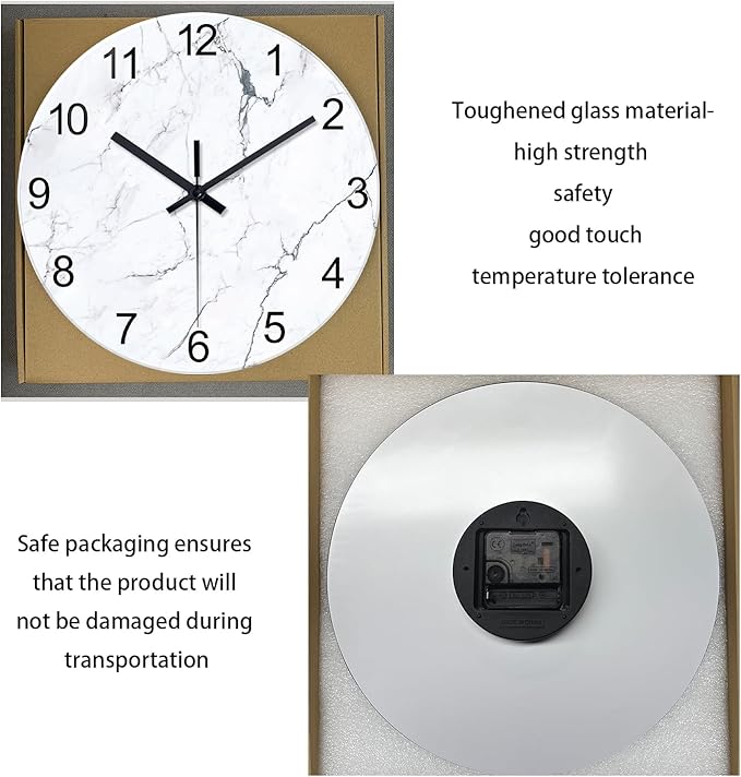 Modern White Marble Glass Wall Clocks Battery Operated 14 Inch Abstract Decorative Wall Clocks Round Minimalist Silent Wall Clock for Living Room
