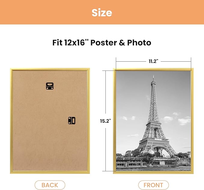 upsimples 12x16 Picture Frame Gold 3 Pack, Scratch-Proof Poster Frames 12 x 16 for Photo Gallery - Slide-In Strips, Horizontal or Vertical Wall Mounting