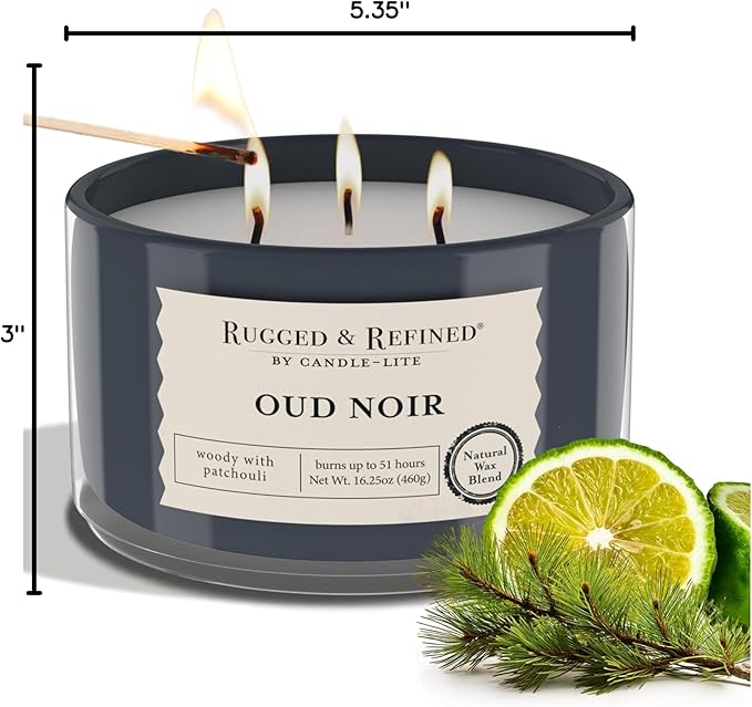 Candle-Lite Scented Candles for Men, Oud Noir Fragrance, 16.25 oz Jar, 3-Wick, 51 Hours of Burn Time, Masculine Aromatherapy with Long Lasting Scent, Ideal Gift for Father's Day and Home Decor