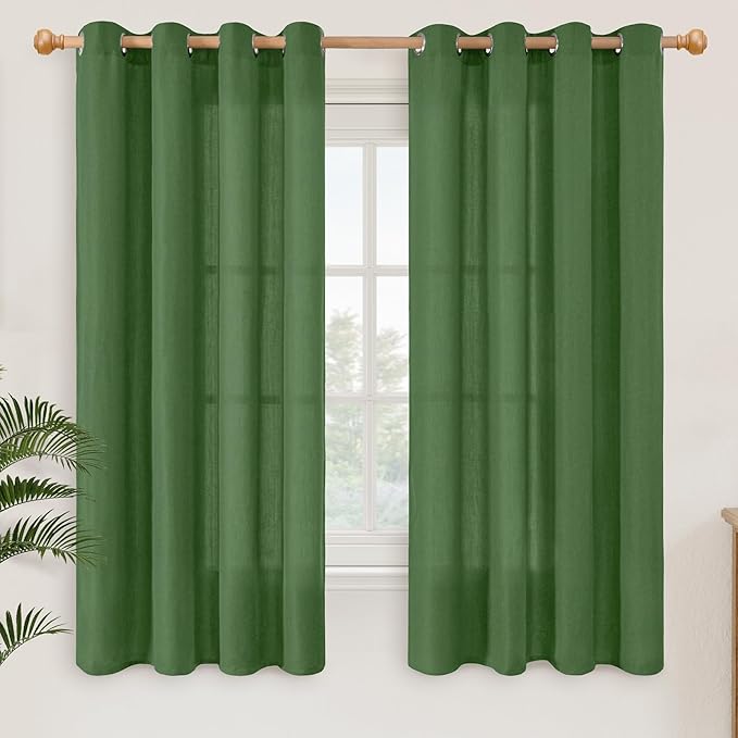 YoungsTex Forest Green Linen Curtains 63 Inches Length for Living Room, Light Filtering Drapes Privacy with Grommet for Bedroom Dining Room Spring Decorative, 2 Panels, 52 X 63 Inch