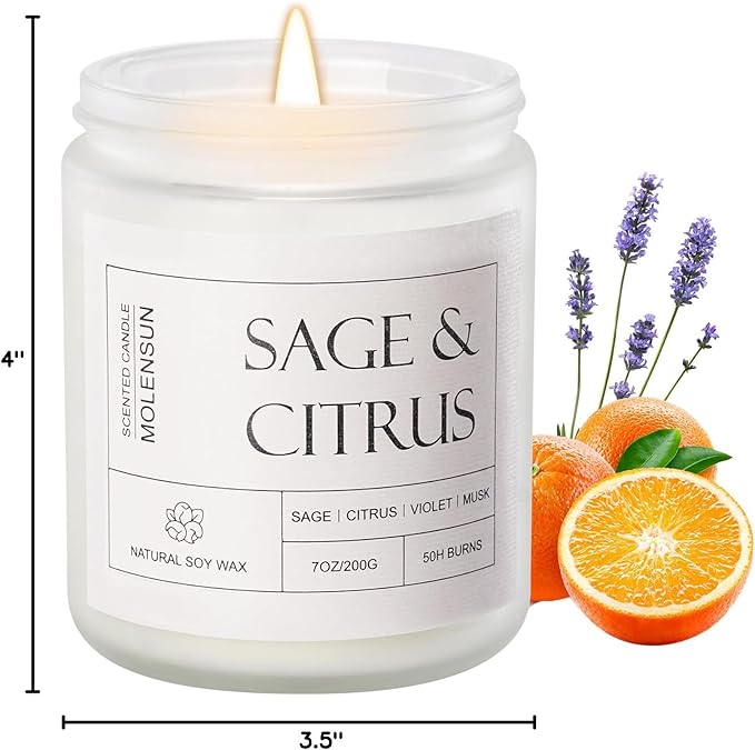 Sage & Citrus Scented Candles, Aromatherapy Jar Candle, 7 oz Long Lasting Candles, Soy Wax Candle Gift for Women