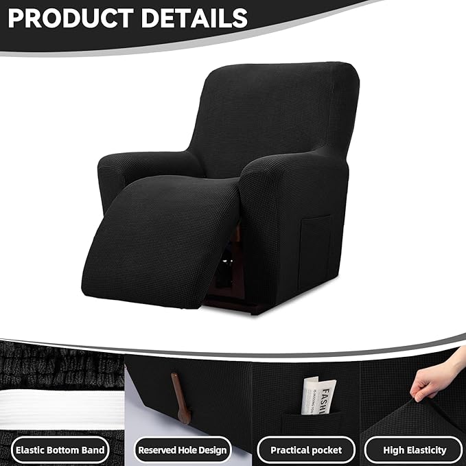 Cupuamon Recliner Chair Covers,Lazy Boy Recliner Covers Stretch Reclining Covers 1 Piece Furniture Protector with Elastic Bottom for Dog,Kids-Black