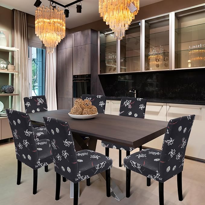 Dining Room Chair Covers - Stretch Kitchen/Dining Room Set of 4, Removable Washable Slipcovers for Home, Hotel, Banquet, Dark Grey Pattern