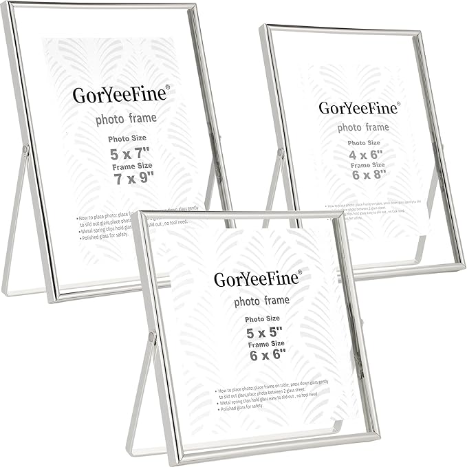 Silver Floating Picture Frames Set of 3,Metal Beaded Photo Frames 7x9'', 6x8'' 6x6'' with Double Class for 5x7, 4x6, 5x5 - Tabletop Floating Picture Frames for Home Wedding Decoration,Gift for Christmas, wedding