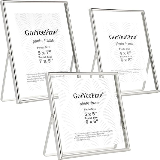 Silver Floating Picture Frames Set of 3,Metal Beaded Photo Frames 7x9'', 6x8'' 6x6'' with Double Class for 5x7, 4x6, 5x5 - Tabletop Floating Picture Frames for Home Wedding Decoration,Gift for Christmas, wedding