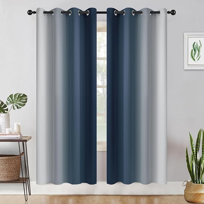 COSVIYA Curtains & Drapes Ombre Navy Blue Curtains 72 inch Length 2 Panels, Grommet Room Darkening Light Blocking Insulated Thermal Gradient Window Panels for Bedroom/Living Room,52x72 inches