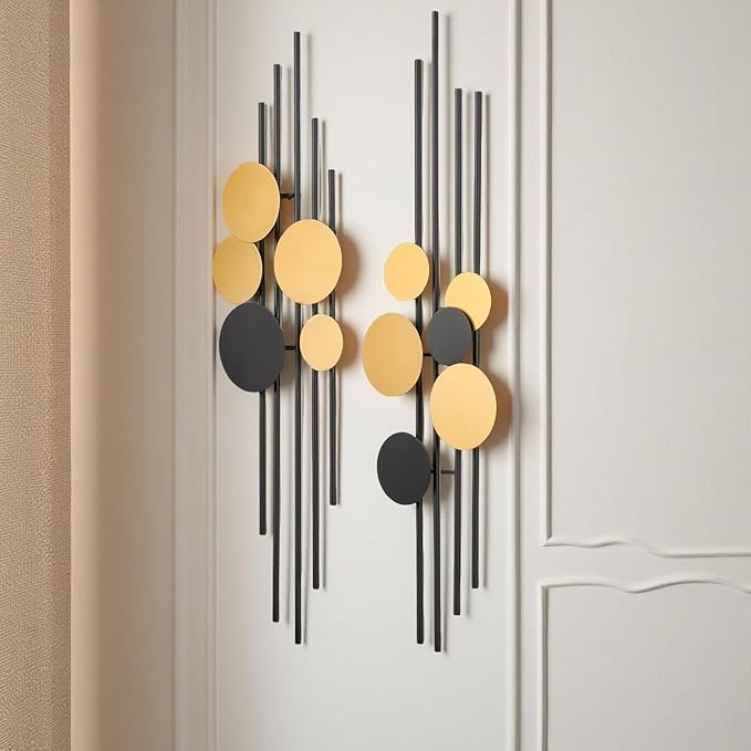 HYVAKUPPA 2 Pieces Large Metal Wall Decor 3D Modern Aesthetic Wall Sculptures 11.2''x 38.8''Luxury Geometric Circular Decor Wall Art Artwork for Bedroom Dining Living Room Wall Decorations