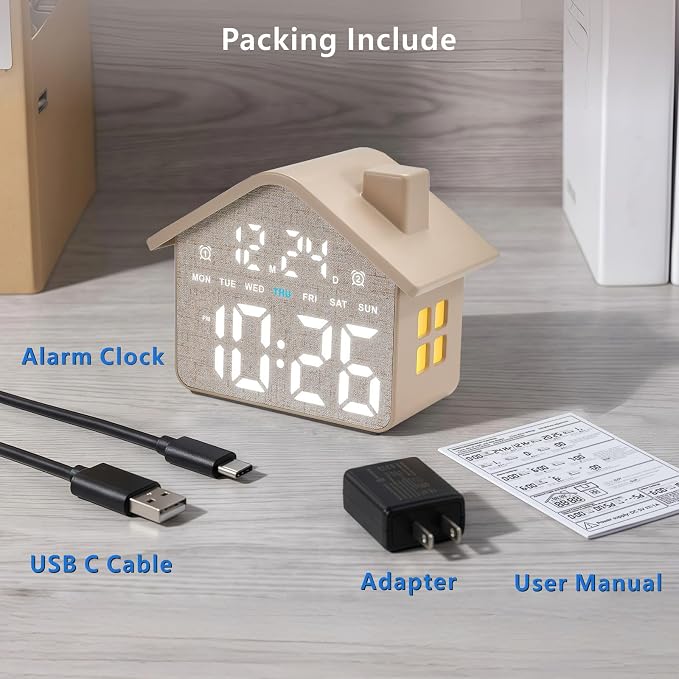 Plumeet Digital Alarm Clock, Bedroom Clock with Large Numbers, Date, Week, Dual Alarms, Dimmer and Ambient Light, House-Shaped Electric Bedside Desk Clock, Adapter Batteries Powered, Grey - Image 7