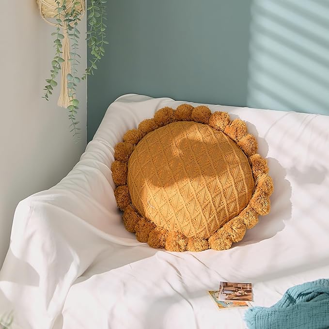 Acrylic Knitted Round Throw Pillow Knitting Bohemian Circular Cushion Pillow with Knit Handmade Pompoms Decorative Warm Orange, Diameter 18inches