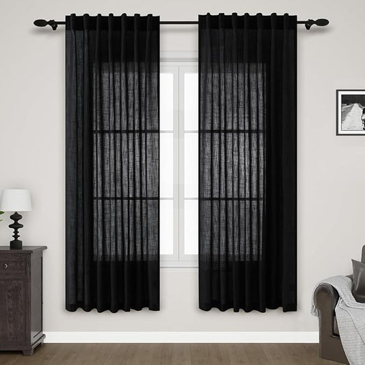 Nanspring Black Semi Sheer Linen Curtains 78 inch Length for Living Room Back Tab Rod Pocket Modern Farmhouse Coastal Decor Black Cotton Textured Gauze Curtains for Dining Room Office 52x78