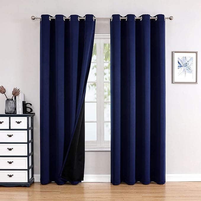 ChrisDowa 100% Blackout Curtains 120 inch Long for Bedroom with Black Liner, 2 Thick Layers Total Blackout Thermal Insulated Grommet Long Window Curtains 2 Panels Set (Navy Blue, 52 x 120 Inch)