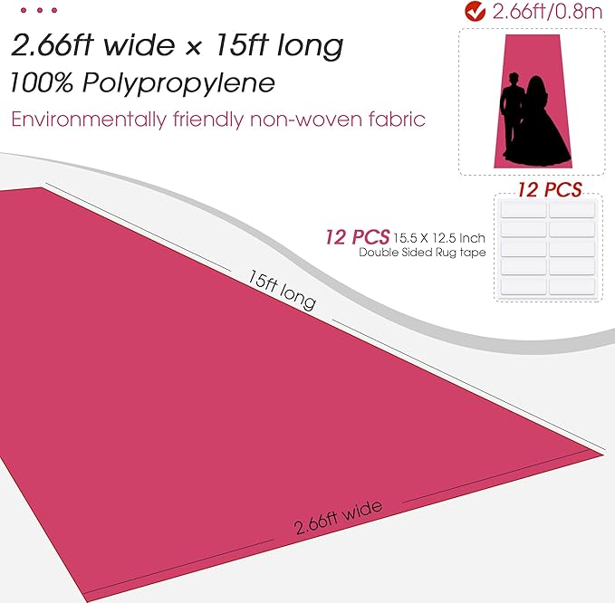 Pink Carpet Runner for Party,140GSM 2.62FTx15FT Carpet Party Decorations,Pink Runway Rug for Prom Felt Non-Woven Fabric,Runner for Wedding Ceremony