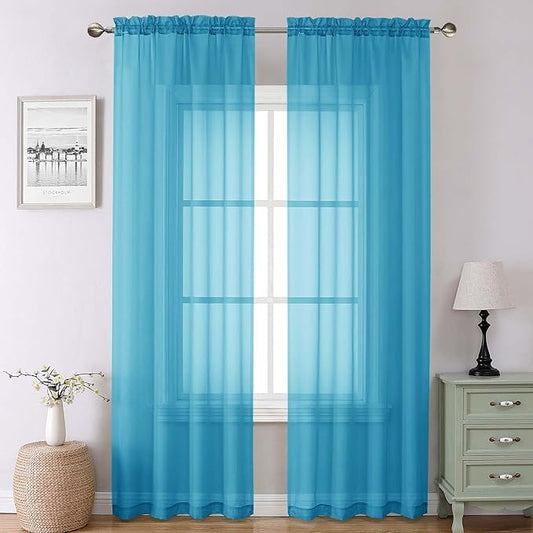 Lecloud Turquoise Sheer Curtains 90 Inches Long 2 Panels, Elegant Gauzy Airy Light Filtering Curtain, Voile Home Decor Drapes with Dual Rod Pocket for Bedroom Living Room, Each 42" W x 90" L