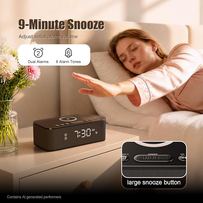 Alarm Clocks for Bedrooms, Wireless Charger, Bluetooth Speaker, White Noise Machine, Digital Clock with Dual Alarm, Dimmable Display, USB Charging Port, Black - Image 4