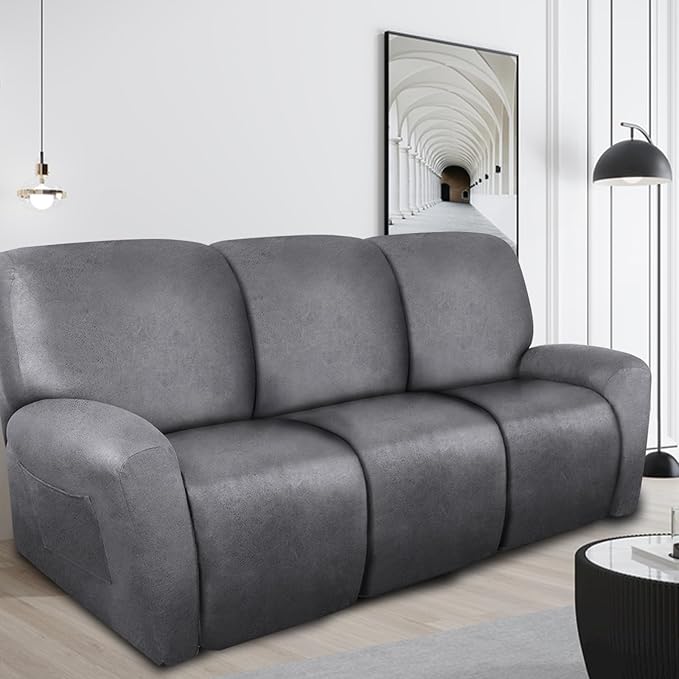 ANARACHON Recliner Couch Cover Leather Look Recliner Sofa Covers for 3 Cushion Reclining Sofa Slipcovers 8-Pieces Furniture Protector Spandex Fabric Washable (3 Seater, 01 Light Grey)