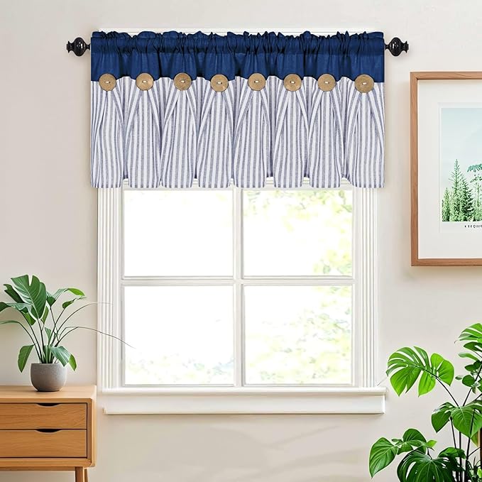 ASPMIZ Cotton Linen Kitchen Valance Curtains, Boho Rustic Button Valances for Windows Farmhouse Style, Blue Striped Valance Window Topper Treatment Tiers, Window Valances for Bathroom, 52 x 18 Inch