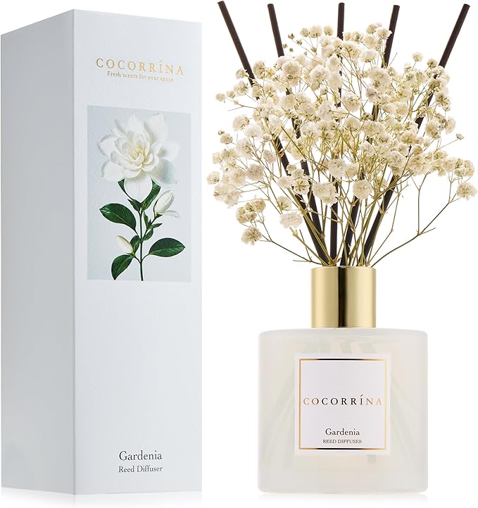 COCORR??NA Reed Diffuser - Gardenia 6.7 Fl.oz Reed Diffuser Set with Sticks & Preserved Baby's Breath, Reed Diffuser for Home Bathroom Shelf Decor