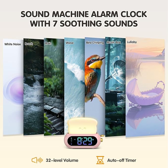 Netzu Alarm Clock for Kids, OK to Wake Clock with Night Light and Sound Machine, Pink Clock with 10 RGB Color, 6 Alarm Tones, Nap Timer, Snooze, Bedside Clocks for Girls Kids Teens Birthday Gifts - Image 4