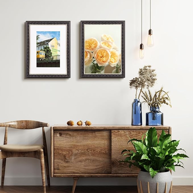 Golden State Art, 12X16 Ornate Finish Photo Frame with White Mat for 8X12 Picture & Real Glass, Color: Black with Silver & Burgundy