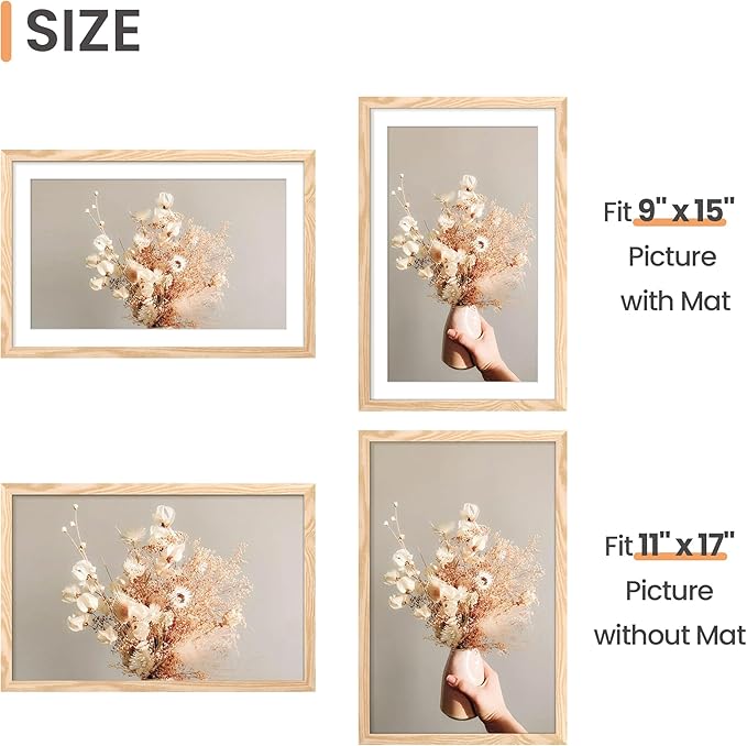 upsimples 11x17 Picture Frame, Display Pictures 9x15 with Mat or 11 x 17 Without, Wall Hanging Poster Frames, Natural, 1 Pack