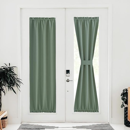NICETOWN Kitchen Door Curtain - Thermal Insulated Solid Rod Pocket Window Covering for Patio/Sliding Glass French Door Christmas with Adjustable Tieback, 30 x 72 inch, Greyish Green, 1 Piece