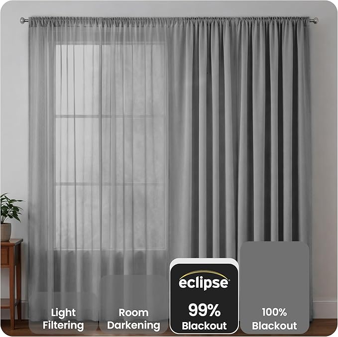 ECLIPSE Kendall Modern Blackout Thermal Rod Pocket Window Curtain for Bedroom or Living Room (1 Panel), 42" x 95", Grey