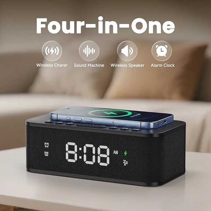 Digital Alarm Clock White Noise, Loud Digital Alarm Clocks Bedrooms, Alarm Clock Speaker Wireless Charger AUX USB Bluetooth Speaker 12/24H Dual Alarm Snooze Adjustable Brightness, Black - Image 2