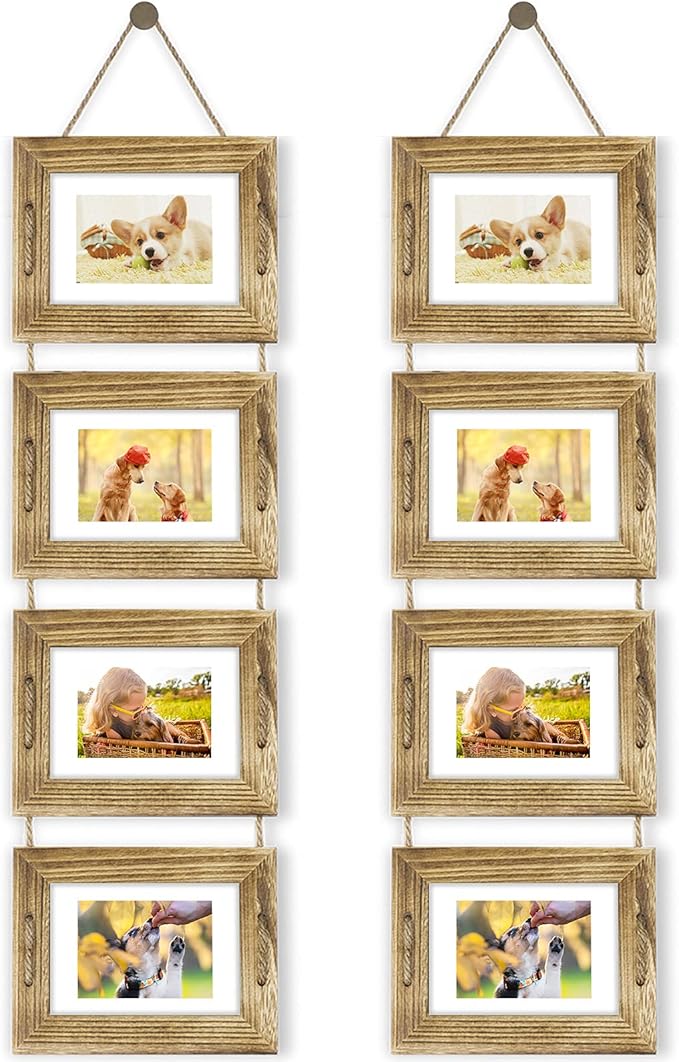 DLQuarts 5x7 Hanging Collage Picture Frames Wall Decor, 4-Opening 5x7 Matted to 3.5x5 Photo Rustic Wood Frame with Hemp Rope, 2 Pack, Carbonized Brown