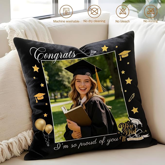 Custom Pillow with Picture & Text - Include Insert, Personalized Graduation Gifts for Class of 2026, Inspirational Souvenir Gifts for Senior College Masters