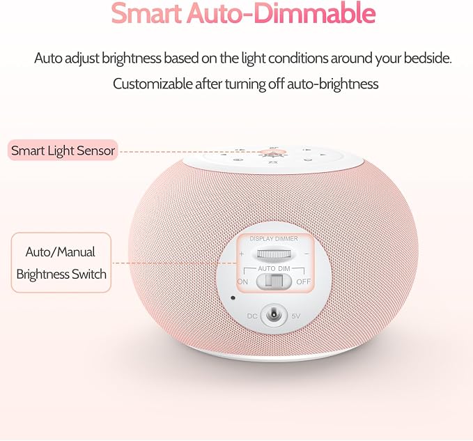 REACHER Auto Dimmable Sound Machine Alarm Clock with Night Light for Girls | 20 soothing sounds, sleep timer, precise volume, soft night lights, auto-dimming display, cute white noise soother for kids - Image 3