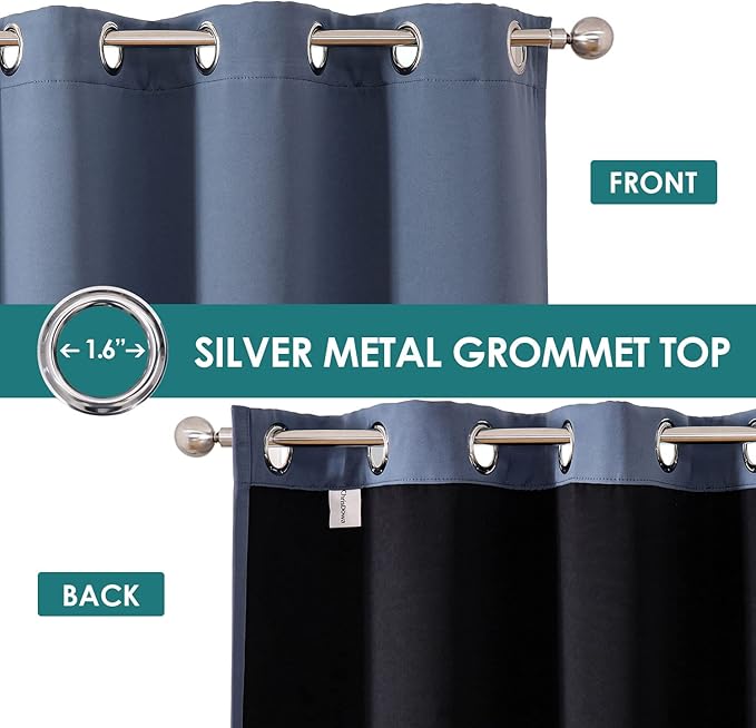 ChrisDowa 100% Blackout Curtains for Bedroom with Black Liner, 2 Thick Layers Total Blackout Thermal Insulated Grommet Small Window Curtains 2 Panels Set (Stone Blue, 42 x 45 Inch)