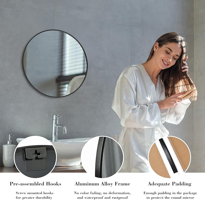 DUMOS Black Circle Mirror for Wall 20.02 inch, Bathroom Round Mirror for Over Sink, Bathroom, Entryway, Bedroom, Vanity