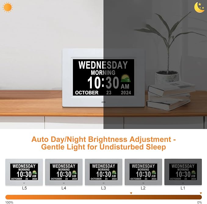 SSINI Digital Calendar Dementia Alarm Clock with Day and Date for Elderly - 15 Alarms 5 Colors Display Digital Clock Large Display Alzheimers Large Digital Clock for Seniors (7in White) - Image 5