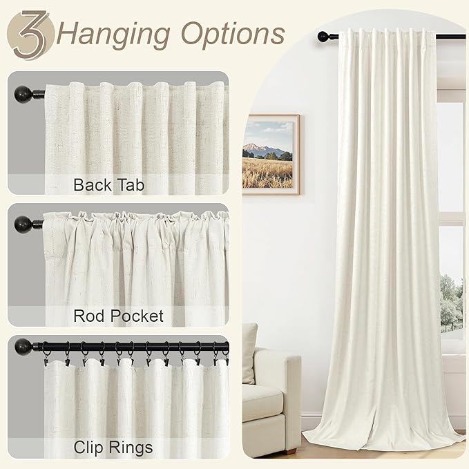 Pitalk Short Curtains for Windows Bathroom Blackout Linen Boho Back Tab Pocket Pleated Dark Out Cafe Curtains for Bedroom Door Doorway 45 Inch Length 2 Panels Set Cream Off White Wide 38 x 45 in Long