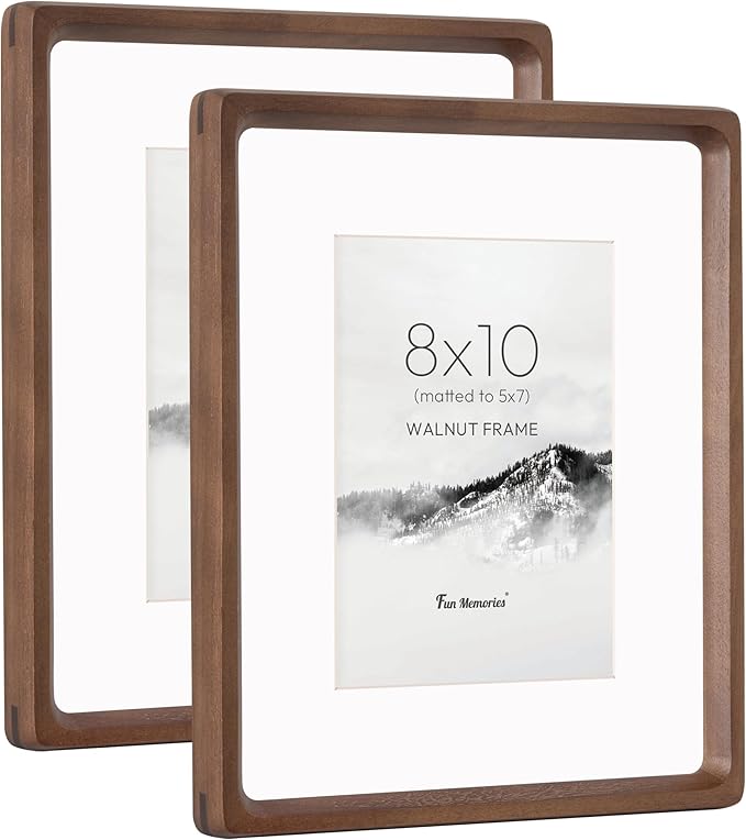 8x10 Picture Frame Set of 2, USA-Sourced Walnut Wood Photo Frame with HD Tempered Glass, Handcrafted Rounded Corner 8 x 10 Wooden Frames Matted to 5x7 Photos, 8x10 Frames, Tabletop or Wall Display