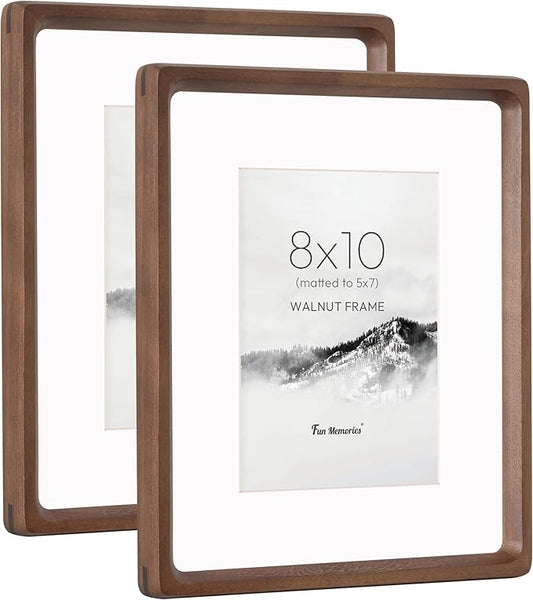 8x10 Picture Frame Set of 2, USA-Sourced Walnut Wood Photo Frame with HD Tempered Glass, Handcrafted Rounded Corner 8 x 10 Wooden Frames Matted to 5x7 Photos, 8x10 Frames, Tabletop or Wall Display