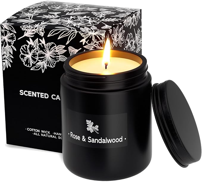 TranquilBliss Rose & Sandalwood Black Scented Candles for Men - 7.6oz Soy Wax Candle for Home Scented - Men Candle Gifts, Father's Day, Christmas Gift for Husband, Boyfriend, Father