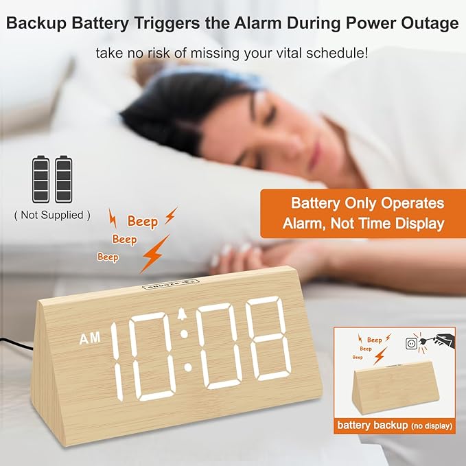 DreamSky Wooden Digital Alarm Clocks for Bedrooms - Electric Desk Clock with Large Numbers, USB Port, Loud Alarm for Heavy Sleepers, Adjustable Volume, Dimmer, Snooze, DST, Wood D??cor, Adapter Powered