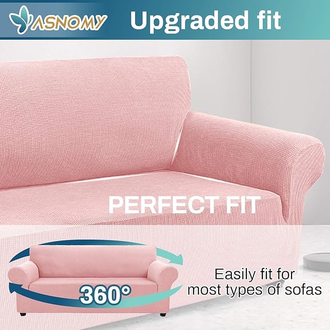 Asnomy Couch Covers for 3 Cushion Couch Stretch Sofa Covers Slipcover, Pet Protector Furniture Covers for Dogs Cats Spandex Jacquard Fabric Small Checks（Pink, X-Large）