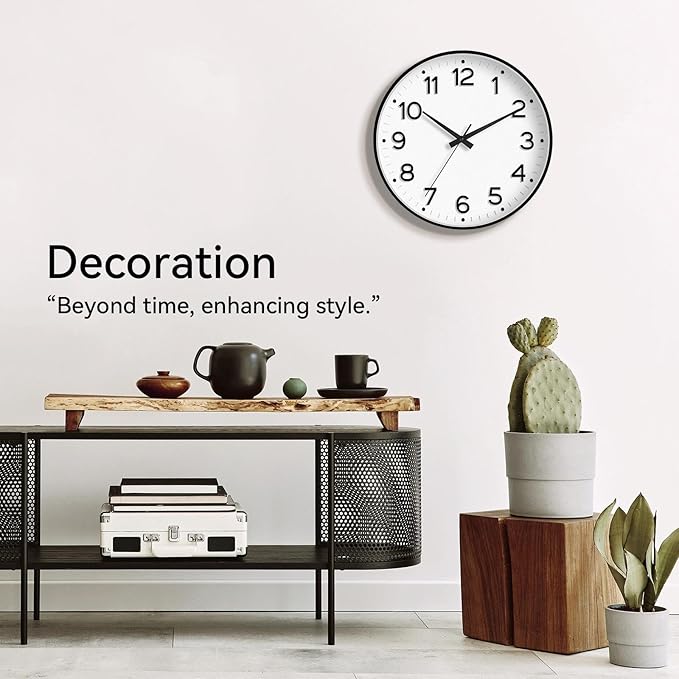 Wall Clock 10 Inch Silent Wall Clocks Battery Operated-Modern Non Ticking Analog Clock Decorative for Kitchen Bedroom Office (Black)