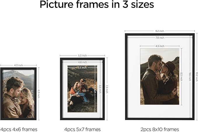 eletecpro Aluminum Gallery Wall Frame Set of 10, Including 2Pcs 8x10, 4Pcs 5x7, 4Pcs 4x6 Photo Frames for Wall or Tabletop Display, Multiple Sizes Picture Frames Collage Wall Decor, Black