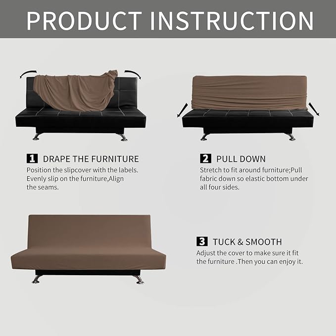 Easy-Going Stretch Futon Slipcover Armless Futon Bed Cover Furniture Protector Without Armrests with Elastic Bottom for Kids, Soft Jacquard Fabric Small Checks (Medium, Brown)