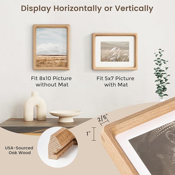 Fun Memories 8x10 Picture Frame, USA-Sourced Oak Wood Photo Frames with HD Tempered Glass, Handcrafted Rounded Corner 8 x 10 Wooden Frames Matted to 5x7 Photos, 8x10 Frame, Tabletop or Wall Display
