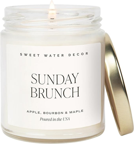 Sweet Water Decor Sunday Brunch Candle - Soy Apple, Bourbon, and Maple Candles for Home - 9oz Clear Jar + Gold Lid, 40+ Hour Burn Time, Made in The USA - Summer Candle