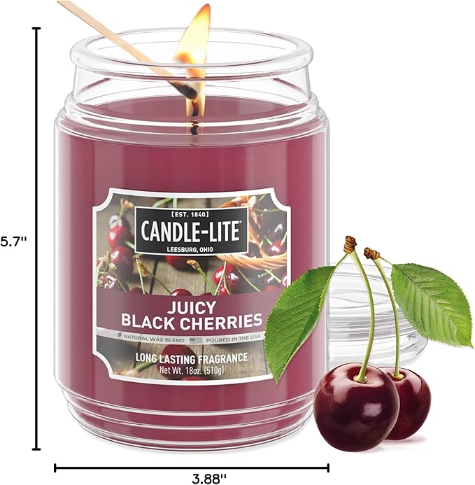 CANDLE-LITE Scented Juicy Black Cherries Fragrance, One 18 oz. Single-Wick Aromatherapy Candle with 110 Hours of Burn Time, Dark Red Color, Jar