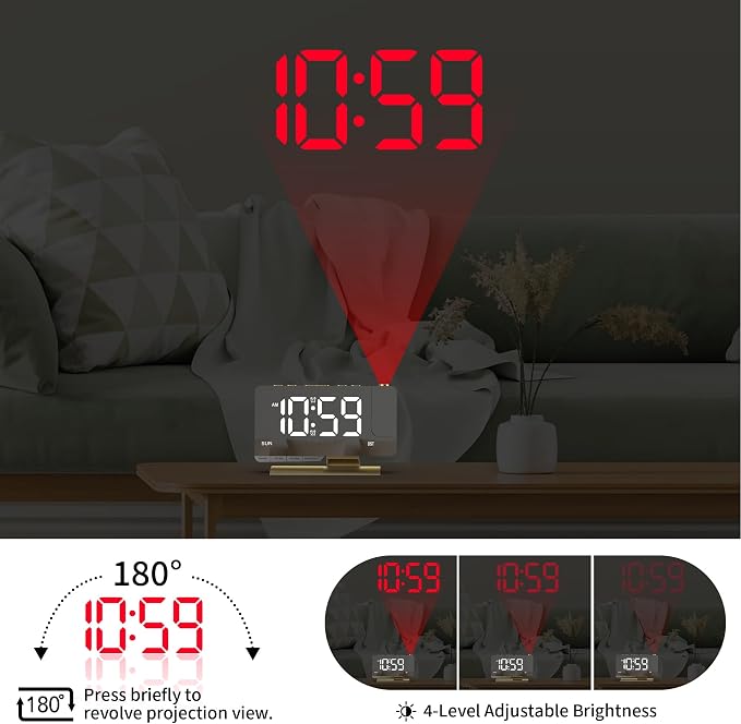 Projection Alarm Clock for Bedroom Ceiling, Gold Digital Clock Room Decor - Image 4