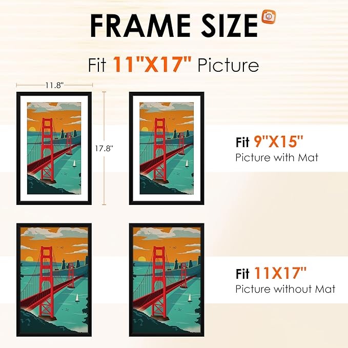 FIXSMITH 11x17 Picture Frame Set of 2, Photo Frame with HD Plexiglass, Display Pictures 9x15 with Mat or 11x17 Without Mat, Black Picture Frames Collage Wall Decor, Gallary Wall Frame