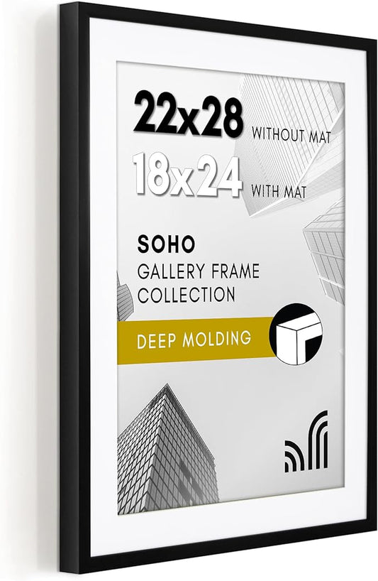 Americanflat 22x28 Poster Frame with Polished Plexiglass - Use as 18x24 Frame with Mat or Display 22x28 Photo Without Mat - Soho Collection - Deep Molding Picture Frames for Wall Display - Black