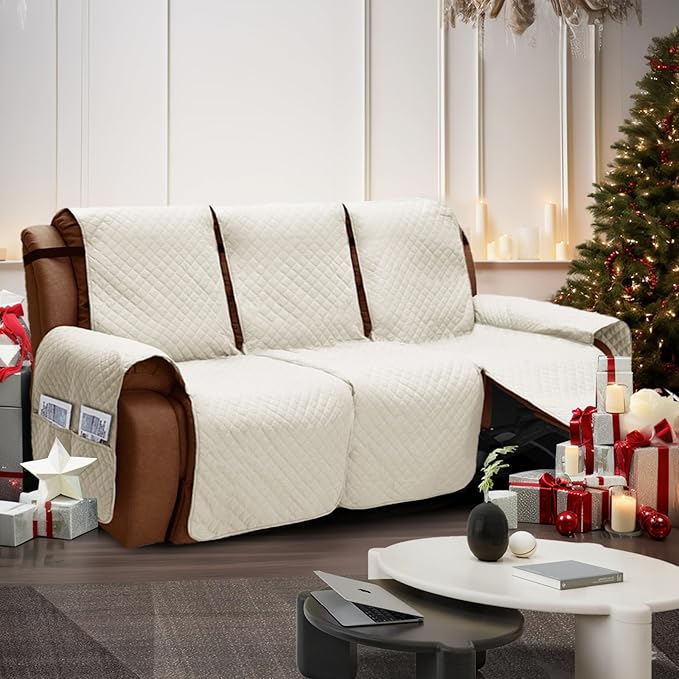 XINEAGE Water Resistant Recliner Cover, 3 seat Recliner Sofa Covers with Pockets, Quilted Thick Recliner Protector Cover for Dog Pets with Non Slip Backing and Strap (Recliner Sofa, Beige)