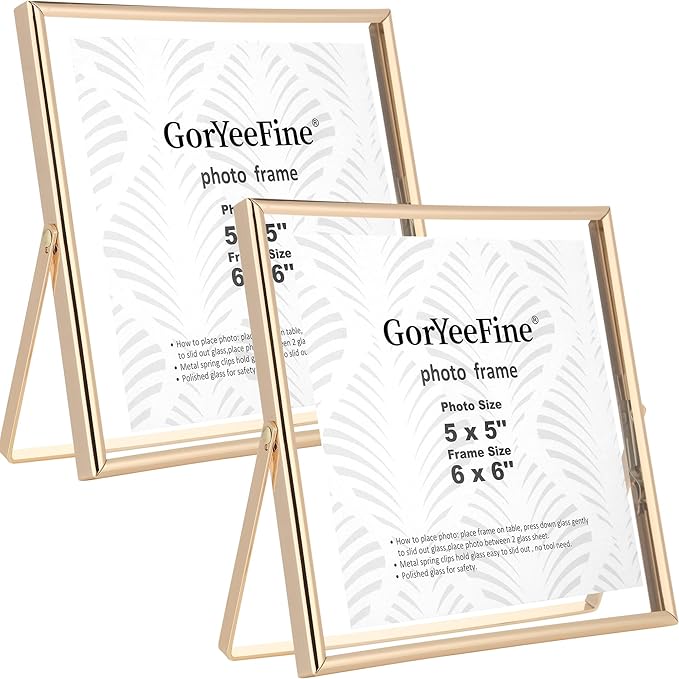 Gold 6x6'' Floating Frame Set of 2,For Photo Sizes(5x5'',4x4'' or 3x3''),Beautiful Metal Beaded Frames Adjustable Tabletop/Shelf Photo Frame,Classy Present Choice for Wedding,Birthday or Christmas Gift
